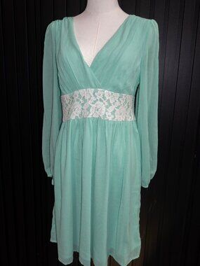 Mint Green Chiffon Long Sleeve Lace Waist Open Back Mini Dress S/M